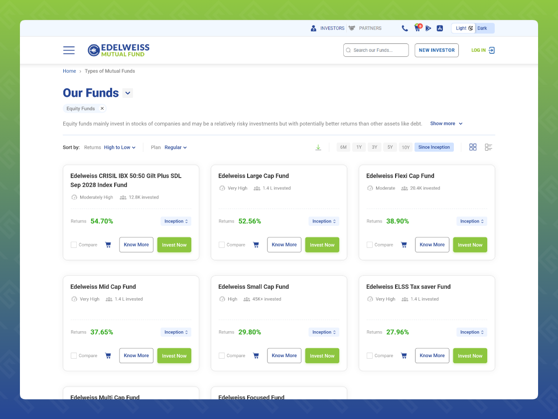 Fund Snapshot, Types of Fund, Compare Funds Pages for Edelweiss Mutual Fund — screenshot 2